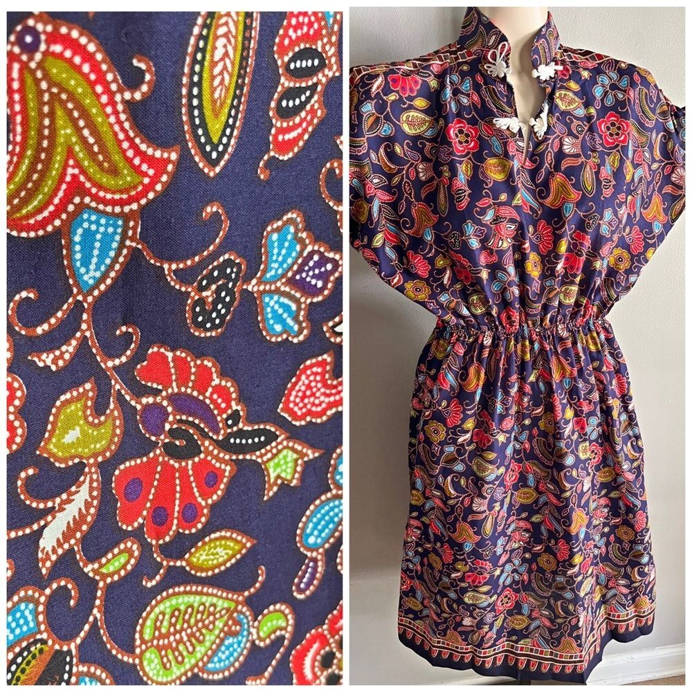 Vintage Batik Floral Paisley Midi Dress Boho Elastic Waist S-M